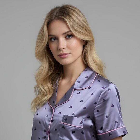 Purple Heart Print Satin PJ Set - Picture 2 of 7